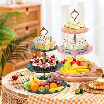 1pc Elegant 3-Tier Plastic Cake Stand With Golden Handles - Fruit Plate, Candy Server Storage, Home Living Room Tea Table Dried Fruit Snack Plate ,Dessert Plate ,Cake Plate ,Hard Fruit ,Wave Edge Design For Stylish ,Dessert Display At Weddings, Birthdays, Tea Parties,Perfect For Decorative Serving, Cake Decorating Supplies