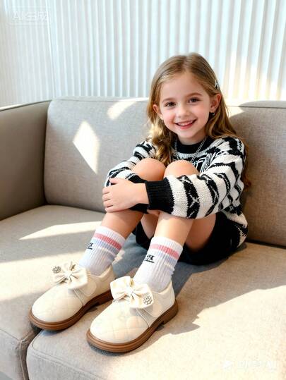 1 par de bailarinas de otoño e invierno para niñas - Diseño con lazo blanco y decoración de rhinestones, suela blanda y material similar al cuero, cierre de , forro cálido y adecuado para uso diario, fiestas y ocasiones casuales - Regalo ideal para niños y niñas, bailarinas elegantes con detalles de lazo, perfectas para atuendos de otoño/invierno