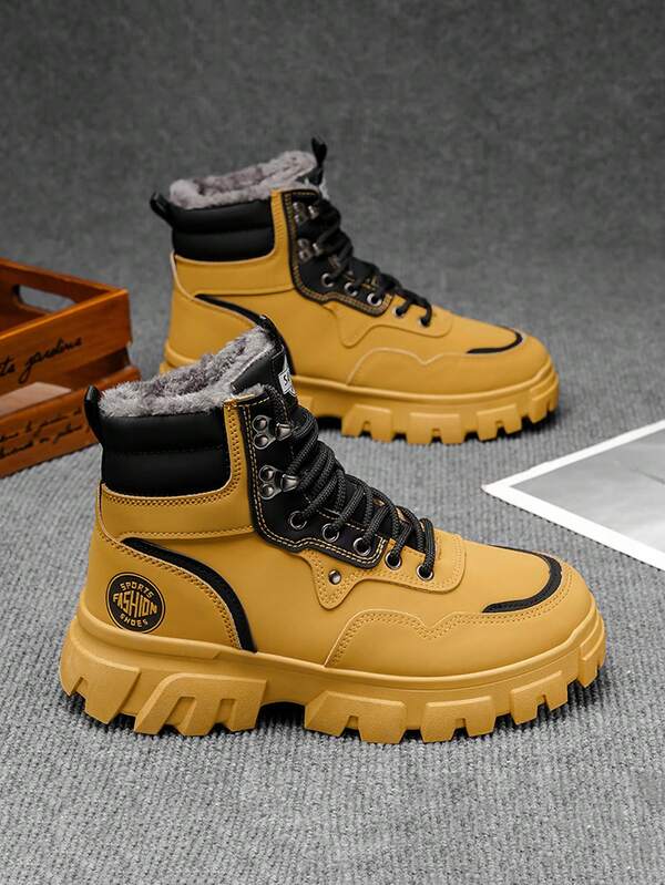 Herren Stiefel mit hohem Schaft, neue Herbst-Frühlings Plüsch Gummisohle schwarze flauschige Lässig Stiefel bis zur Mitte des Knöchels, modische Herrenschuhe, die gut zu Jeans passen