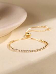 1条镀金立方氧化锆镶嵌网球手链，配有可调节抽绳，百搭配饰，适合青少年日常佩戴 - 彩色 - 查看 1