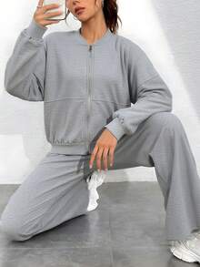 Sodalemon Damen Training Outdoor Gym Set Langarm Reißverschluss Jacken, lose Zugkordel Fitness Hosen, Fleece Athletik Sport Sets