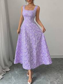 Elegant And Exquisite Jacquard Dress With Wide Straps, Floral Texture, Mid-Length, Slim-Fit, Casual Style For Vacation - Xem 3