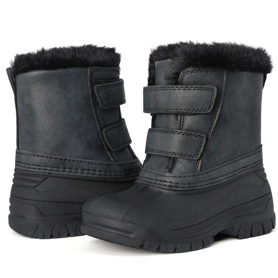 Kids Winter Snow Boots Waterproof Fur Lined Warm Outdoor Boots With Hook-And-Loop Straps - 黑色 - 查看 1