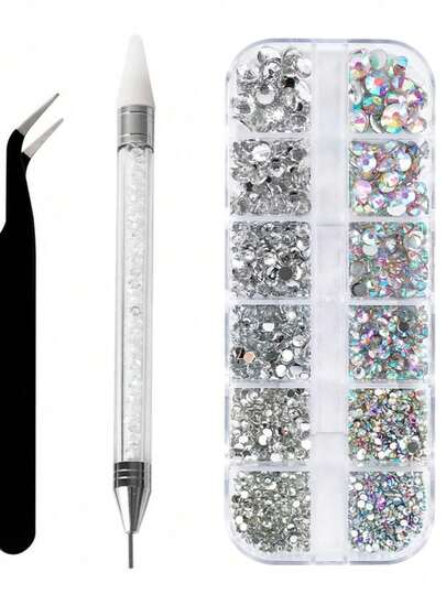 12 grile 6 dimensiuni strasuri transparente în 6 dimensiuni Flatback strălucitor cristal Ab Nail Art Gems cu pensetă și selector de strasuri Dotting Pen instrumente de artă pentru unghii, machiaj pentru ochi, artizanat unghii consumabile unghii unghii farmece
