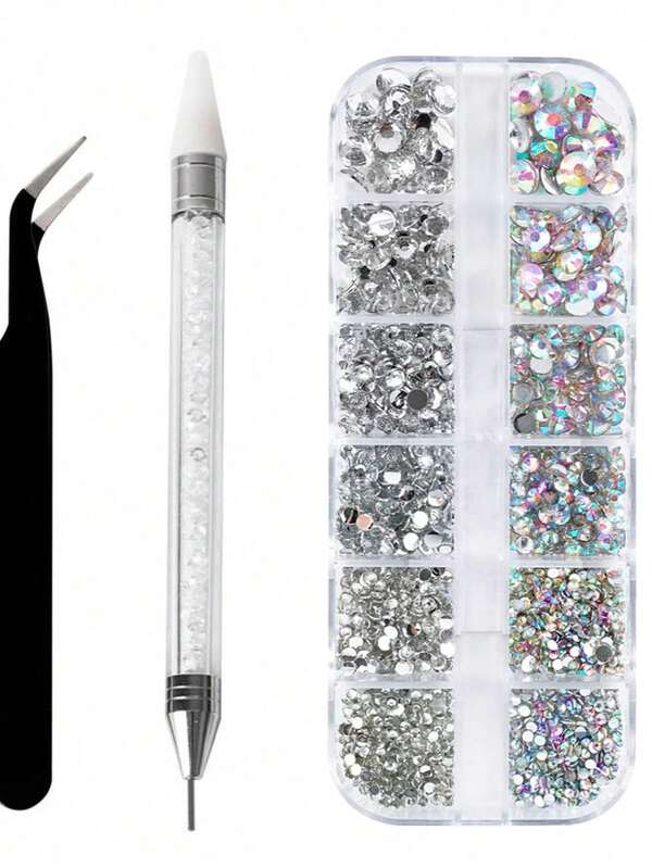 12 Griglie 6 Misure Cristalli Trasparenti Rhinestone Flatback Brillanti in 6 Dimensioni per arte di unghie, con Pinzette e Penna Dotting per arte di unghie, Trucco Viso e Occhi, Forniture per Unghie e Decorazioni