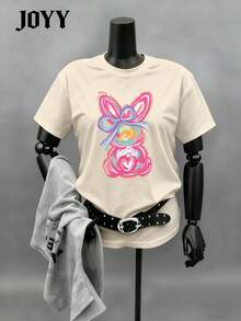 JOYY Plus Size Brushstroke Bunny, Bunny Bow, Pink Bunny, Retro Easter Women Loose Casual Short Sleeve T-Shirt, Holiday Party Gathering All Season