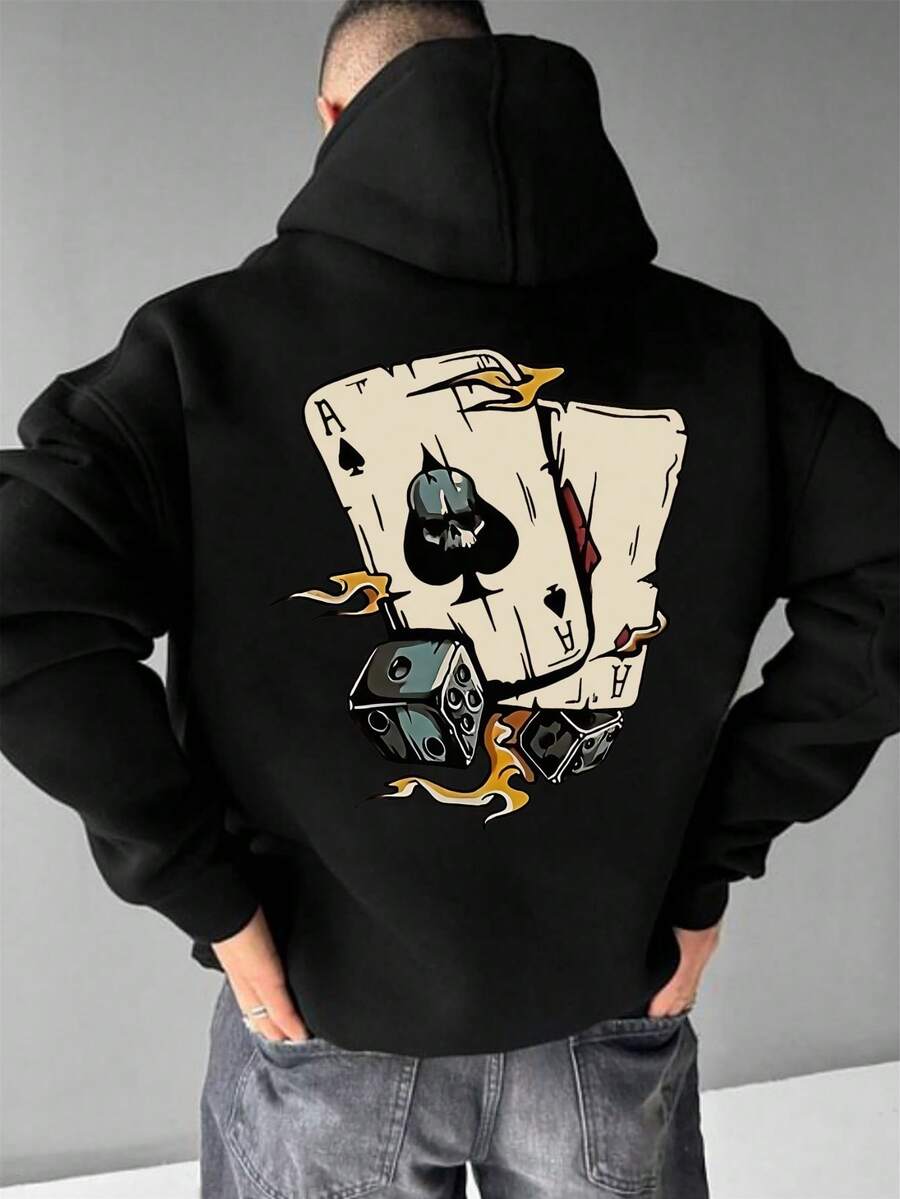 SU ER Men's Casual Card Print Hooded Sweatshirt With Pocket, Autumn/Winter - Black - View 1