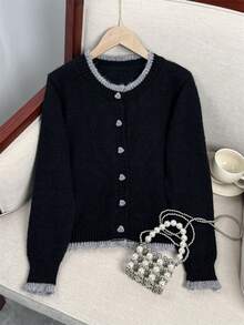 Wixra 2025 Autumn New Design Colorblock Heart Button Knitted Cardigan, Versatile Women Sweater Jacket - Black - View 1