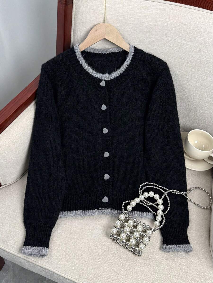 Wixra 2025 Autumn New Design Colorblock Heart Button Knitted Cardigan, Versatile Women Sweater Jacket - Black - View 1