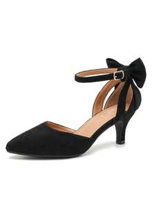 MAIERNISI JESSI Women's Wedding Evening Party Bow Kitten Heels Pumps Ankle Strap Buckle Dress Shoes - 黑色絨面 - 查看 10