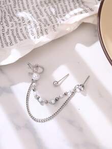 Tkool 可爱兔子仿珍珠耳骨夹和链条耳环套装（女士） - 銀色 - 查看 2
