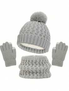 4 件套儿童针织绒球冬帽、围巾和手套套装，女童男童幼儿保暖针织连帽围脖套装 - 彩色 - 查看 12