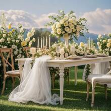 1卷50米长高品质白色婚礼派对天花板装饰纱帘，多种尺寸可选，触感柔软的涤纶材质网布，适用于仪式和招待会、浪漫酒店婚礼过道装饰、椅背、婚车、楼梯扶手、天花板和天花板装饰， - 白色 - 查看 17