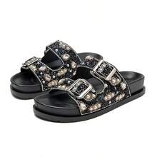MEIJILE Women's Piana Flat Sandal With Rhinestones And Pearls Casual Flat Style Modern Elegant And Light Unparalleled Comfort230 - Preto - 查看 11
