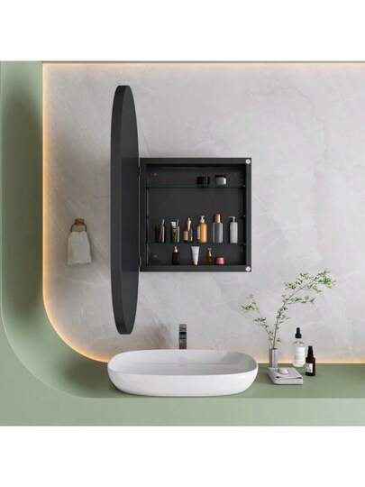 Elegante Oval Spiegel Cabinet, Built In Medicine Wand Cabinet Metal Frame, Adjustable Shelves, Storage Space Bathroom, Living Room Bedroom, Black. view 4