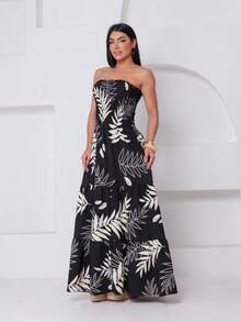 Women's Long Lastex Strapless Dress With Leaf Print - 黑色 - 查看 1