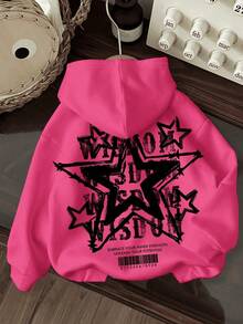 Sudadera hoodie dama mujer gorro capucha manga larga algodón bolsa canguro estampado pecho estampado espalda estrella rocker letras suave pachoncita puños rib acanalados casual aesthetic homie cossy casa diario frio ciudad urbana moderna juvenil cómoda calientita - Rosa Fucsia - Ver 1