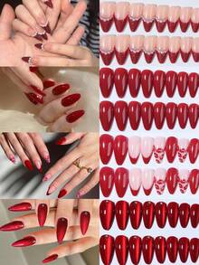 96pcs (4mixed ) Almond Red Tip Press On Nails, Red Cat's Eye French Acrylic Nail Tips Full Cover False Nail Tips Press On Nails ,Contain 1pc Jelly Glue And 1pc Nail File,With Storage Box As For Suitable For Women And Girls Daily Life And Party Use