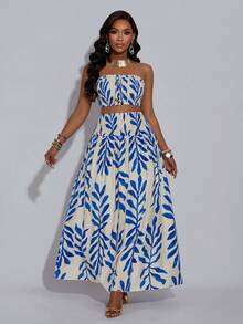 Ladies' Sexy Sweep With Printed Strapless Top, Long Skirt Two Pieces Set, Women's Sexy Date Outfit For Valentine's Day Night Dates Elegant Dress Women Elegant Women's Sets Women's Summer Dresses