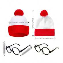 暖红色和白色“威利在哪里？”针织帽和无镜片眼镜框角色扮演游戏，节日派对礼物，冬季男女情人节帽子圣诞节 - 彩色 - 查看 4