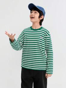 Balabala Tween-Jungen Streifenshirt mit Langarm, lässig, Neuerscheinung Frühling/Herbst 2025 - Grün und Weiß - Übersicht 5