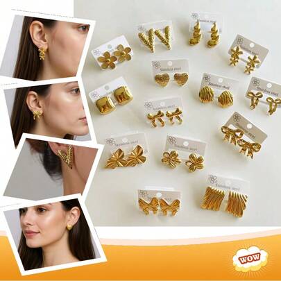 زوجان إلى 10 أزواج من أقراط مطلية بالذهب الأصفر عيار 18 قيراط [شحن عشوائي للتصميم] هدية محظوظة، أقراط جيومترية بسيطة بتصميمات مربعة، خطوط، دائرية، نقشات، قلوب، زهور، فراشات، رذاذ، صدف للنساء