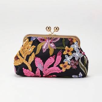 Sequin Evening Bag Exquisitely Crafted Evening Bag With Asymmetrical Sequin Embroidery And Floral Motifs. Clutch Bag Ideal For Parties, Wedding, Prom, Dinner/Banquet, Dinner/Banquet, Best Gift For Women Mom Teacher Friend Bridesmaid Lightweight Clutch Bag