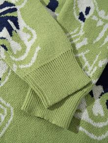 ANDREILEE 男士休闲恐龙印花圆领宽松套头毛衣，百搭街头风，适合春、秋、冬三季穿着。 - 綠色 - 查看 4