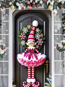 1 Stück festlicher rosa Weihnachtself Türbanner, charmanter Stil Polyester rechteckige Türdekoration mit Schneeflocken-Kranz & gestreifter Mütze Details, vielseitig verwendbares Outdoor Feiertags-Banner für Haus, Veranda, Rasen, Gartendekoration, ideal für Weihnachtsfeiern, Neujahrsereignisse & winterliche Saison-Displays (90x180cm)