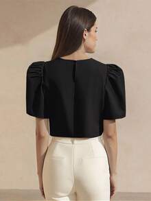 Amyenjoylife 现代菲律宾风衬衫，简洁不规则下摆纯色衬衫，简约优雅泡泡袖圆领套头衫，不规则下摆衬衫，菲律宾风情上衣，感恩节黑色上衣 - 黑色 - 查看 2