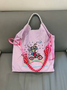 1件時尚刺繡單車女孩托特包，卡通圖案，輕量尼龍，大容量，可折疊抽繩開口購物袋 - 彩色 - 查看 6