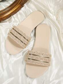 1 Pair Beige Woven Metal Strap Decor Sandals, Comfortable Soft Sole Slides For Teens, Versatile Summer - Apricot - View 2