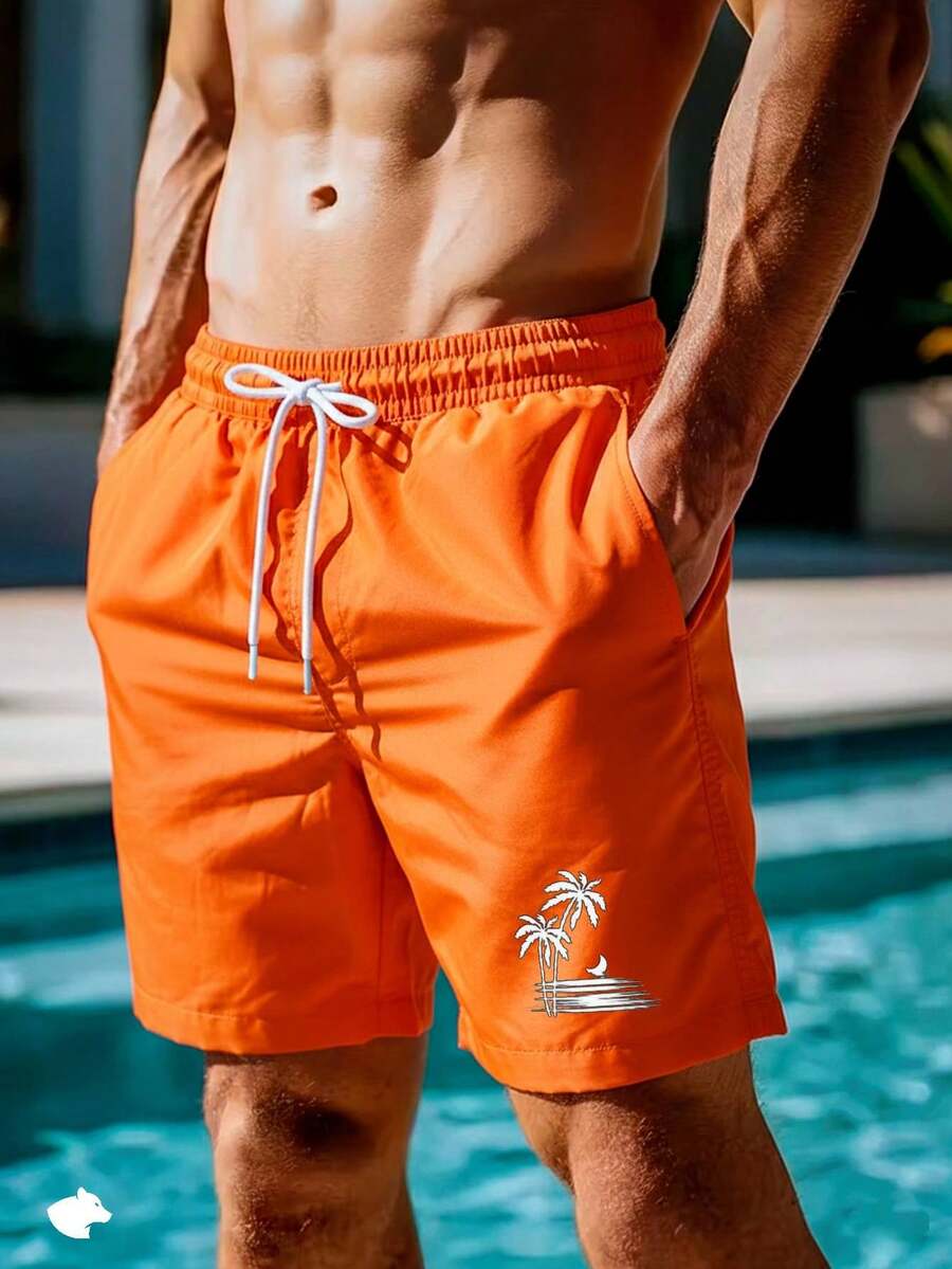 Short Praia Masculino Tactel " COQUEIRO BRANCO " Bermuda Verão Rápida Secagem Confortável Estilo Mauricinho - Laranja - Visão 1
