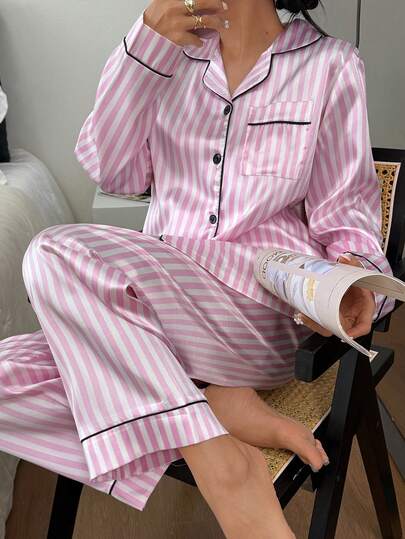 Conjunto de pijama feminino de manga comprida com listras rosa (2 peças)