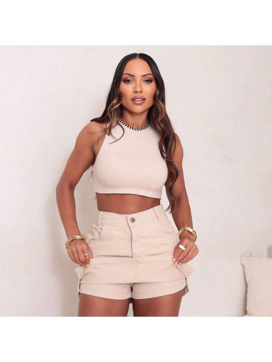 Shorts And Jeans Skirt With Side Opening - Màu be - Xem 1