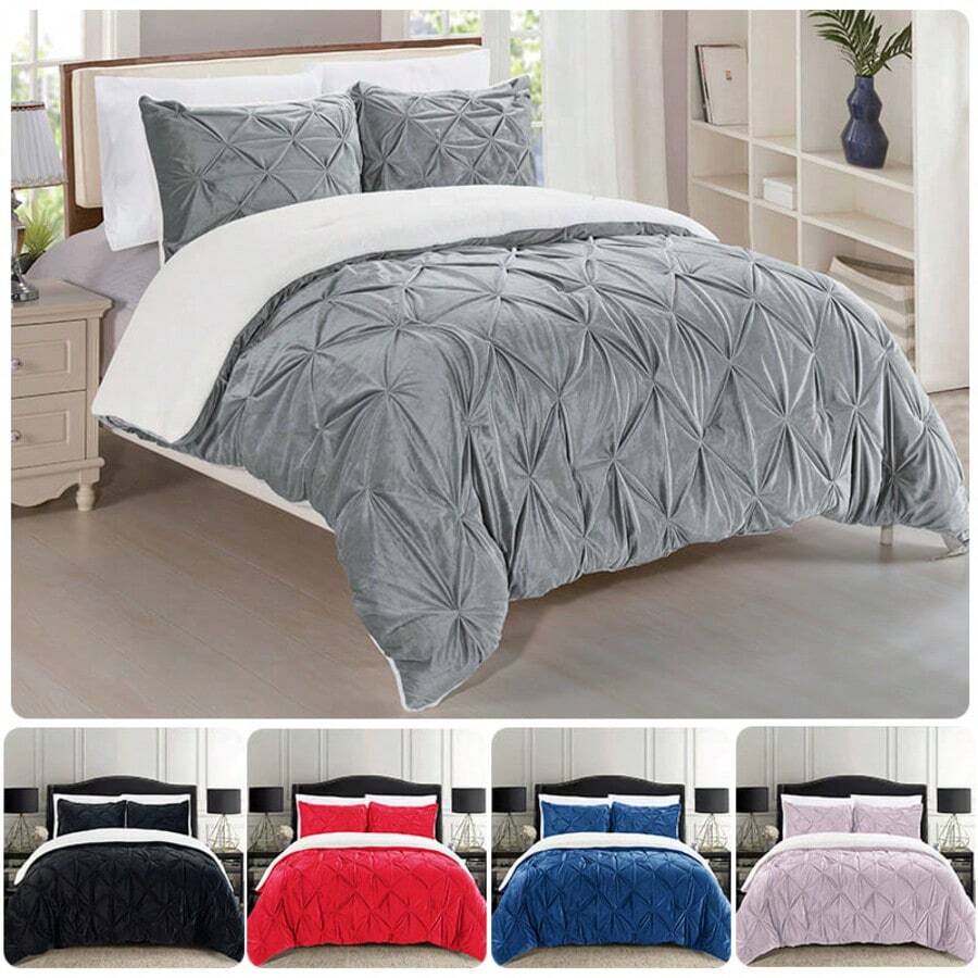 Elegant Comfort Ultra Soft 3pcs Pinch Pleated Pintuck Microsuede Fleece Reversible Sherpa Comforter Set With Shams, Cozy Warm Breathable, Easy Care Quilt Comforter Sets, Full/Queen, King/California King Size Bed For All Seasons, Christmas Decorations Gifts, Cozy Winter Styles, Holiday Décor - 灰色 - 查看 1