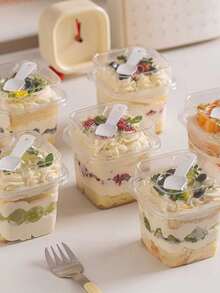 10pcs/20pcs Square Wooden Pudding Cup With Spoon, Fruit Cream Cake, Mousse Cake Takeout Box - Transparent - View 2
