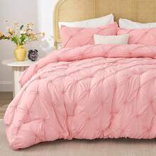 Pink King Size Comforter Set - 3 Pieces Boho Pintuck Lightweight Soft & Warm Bedding Set With 2 Pillowcases For All Season,  Design - 粉色 - 查看 12
