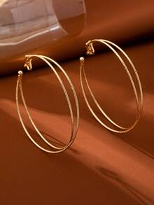 1对超大号欧美时尚双环十字架复古哑光夹式耳环，适合女性度假、派对佩戴，夸张金色圆环夹式耳环，舒适弹力耳夹 - 金黃色 - 查看 9