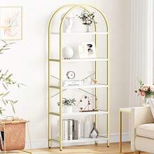 Librero de 5 Niveles con Arco, Estante de Exhibición Alto, Estructura Metálica Moderna, Repisa Grande de Madera para Recámara, Sala u Oficina, Blanco/Oro - Dorado - Ver 4