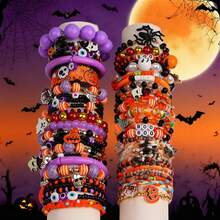 10 Stücke/Los Vintage Punk Gothic Halloween Armbänder für Herren und Damen, Geist, Kürbis, Spinne, Schädel, Augen Designs, Feiertagsparty, Make-up Ball, Nachtclub, Bar, Geschenke für Freunde, Alltagszubehör