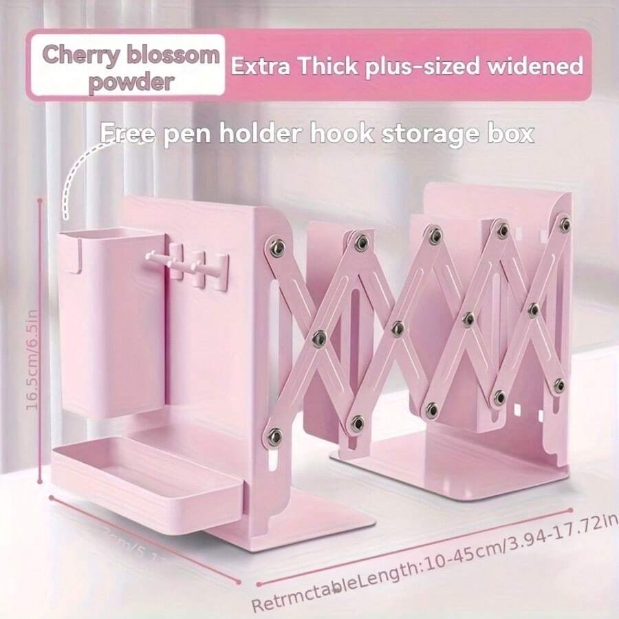 A Complete Set Of Sturdy Multi-Purpose Retractable Bookends With Pen Holder Hooks And Storage Boxes, A Set Of 6 Foldable Space-Saving Desktop Bookshelves, Durable Metal Book Storage Racks With Thick Dividers, Suitable For School, Office, Home Desktop Organization, An Ideal Student Gift, Thanksgiving Gift, Halloween Gift, Christmas Gift. - Hồng - Xem 1