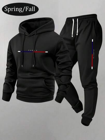 Men's Thin Paris Letter Print Hoodie And Sweatpants Set, Fashion Casual Sportswear With Pockets And Drawstring Waist Pants, Suitable As Gift For Husband Or Boyfriend