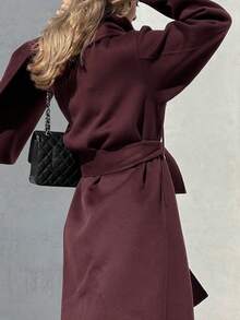 Women's New Casual Versatile Scarf Collar Vintage Coat, Long Sleeve Warm Commute Elegant Lady Style Long Burgundy Overcoat, Autumn/Winter Spring - Burgundy - View 8