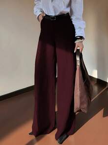 DONICY Damen Herbst- und Winterbekleidung Unterteil, einfarbige Hose mit hoher Taille, Taschen und geradem weitem Bein, modisch, retro, elegant, vielseitig, passend für Alltag, Büro, Dates, Ausstellungen