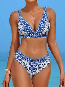 Swim Lushoire Summer Beach Botanical Printed Bikini Set - Blue and White - View 3