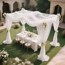 1卷50米长高品质白色婚礼派对天花板装饰纱帘，多种尺寸可选，触感柔软的涤纶材质网布，适用于仪式和招待会、浪漫酒店婚礼过道装饰、椅背、婚车、楼梯扶手、天花板和天花板装饰， - 白色 - 查看 6