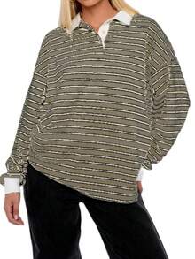 Women's Striped Long Sleeve Top - Polo Collar Half-Button Oversized Preppy Style Knit Sweatshirt - Khaki - View 4