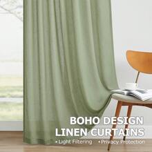 4 Panels Linen Blend Semi-Sheer Curtains Back Tab, Farmhouse Style Light Filtering Drapes For Living Room Bedroom Dining Room, Privacy Protection Window Treatments - Sage Green - 查看 4