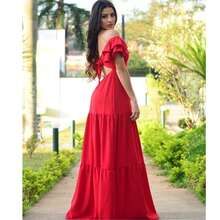 Long Off-The-Shoulder Dress With Ruffles, V-Neckline, Elegant, Charming Sleeves - Red - View 2